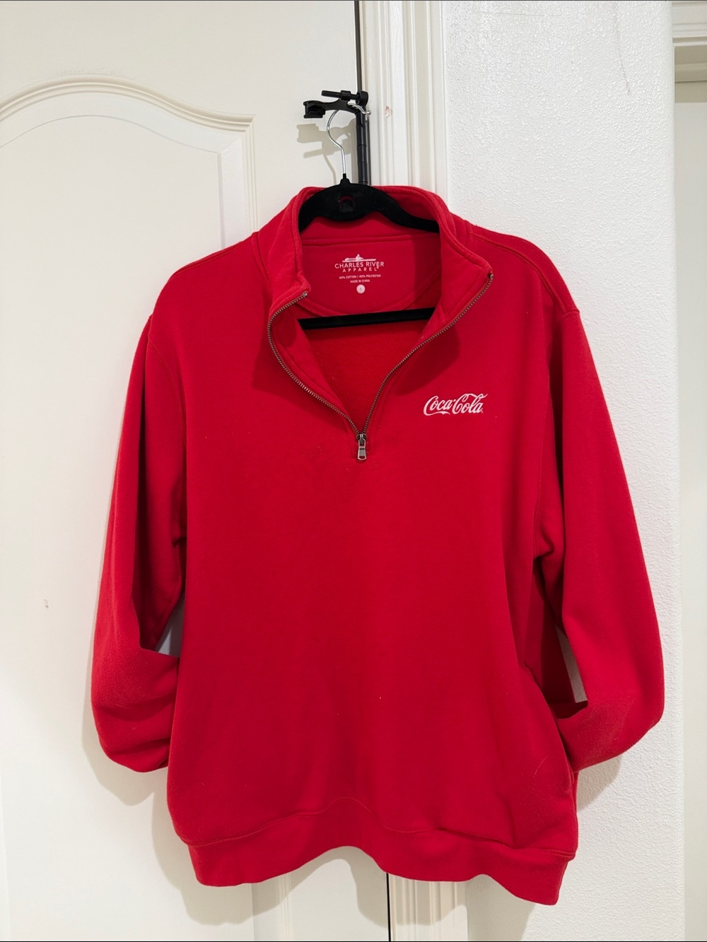 Red quarter zip Coca Cola embroidered sweater with pockets